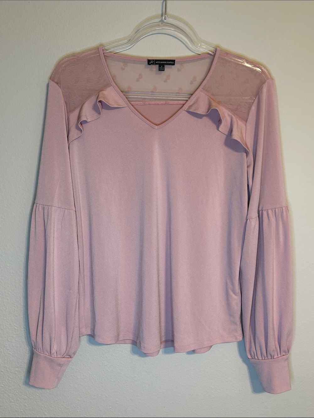 Adrianna Papell Pink Sheer Ruffle Long Sleeve Blouse Size S